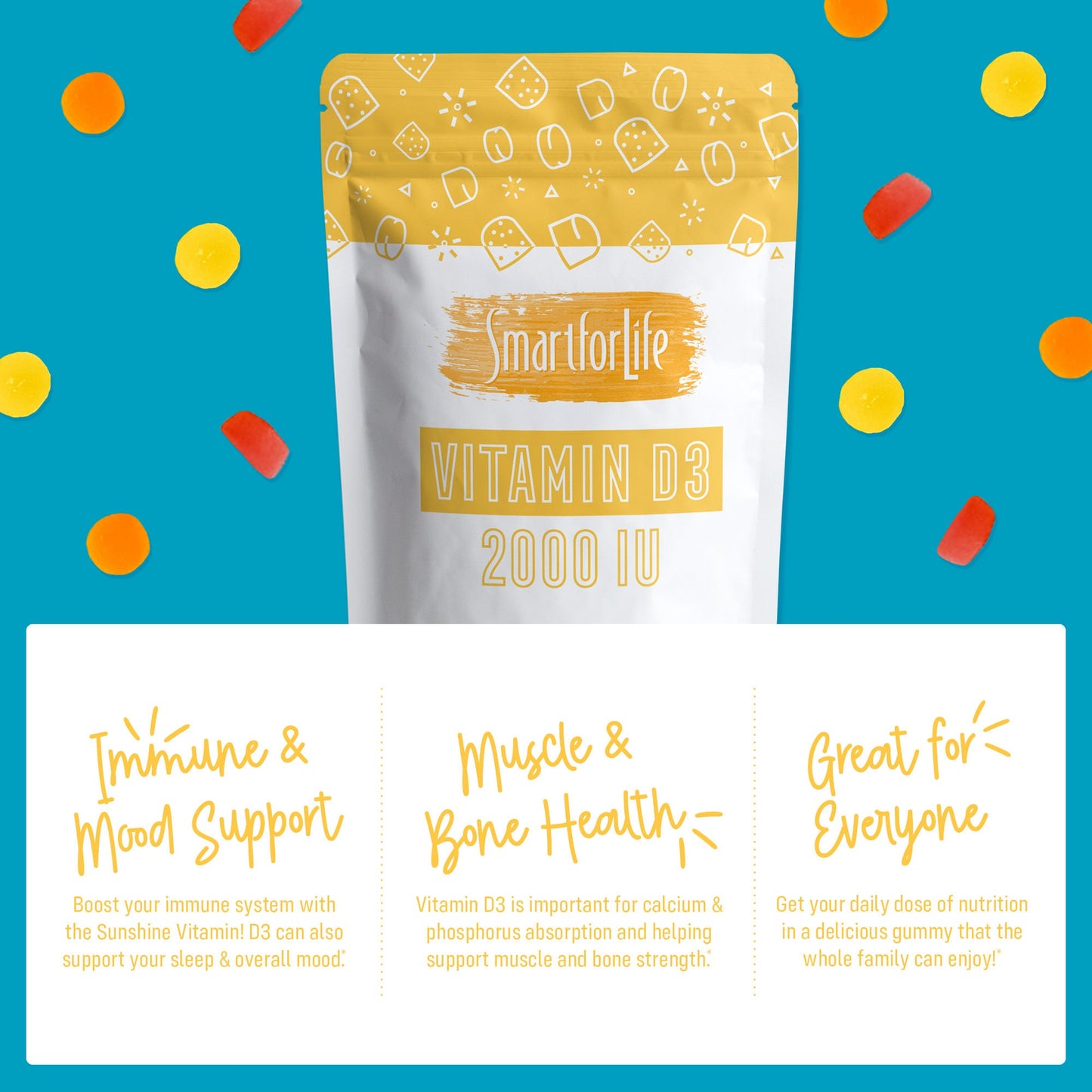 Vitamin D3 Gummies (60Ct Mixed Flavor - Orange, Lemon, Strawberry) - Smart for Life Store