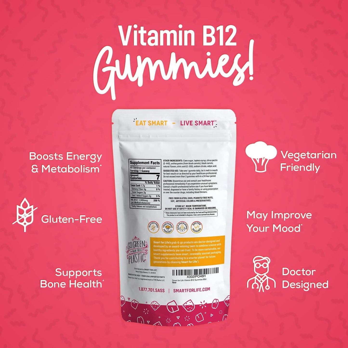 Vitamin B12 Energy Gummies Raspberry Flavor (60 Ct. ) - Smart for Life Store